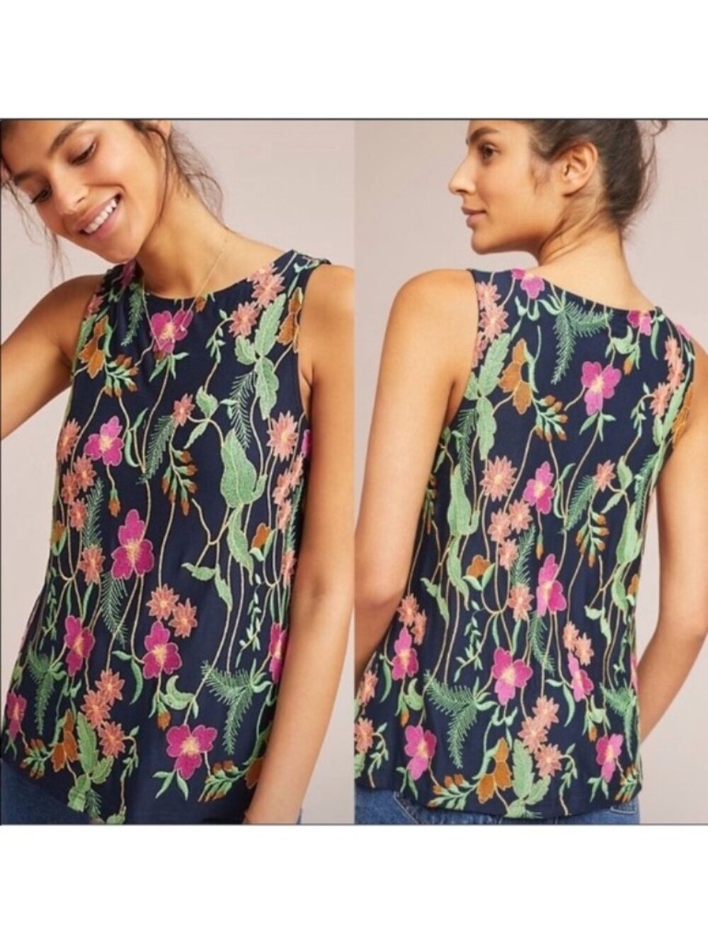 Anthro. Meadow Rue Cartagena Floral Embroidered Tank Top Size XS